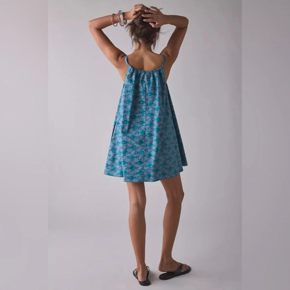 Urban Outfitters BDG Eva Tie-Front Ruched Strap Trapeze Mini Dress Blue Fish NWT - Picture 2 of 5